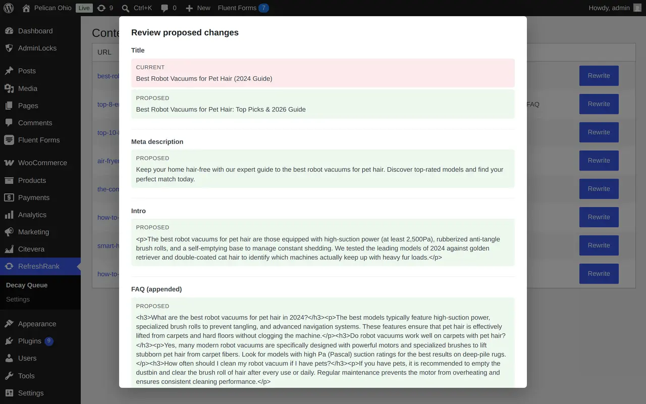 The RefreshRank review modal: every proposed change shown side by side as current versus proposed before approval